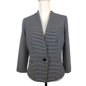CYNTHIA ROWLEY L Black White Striped Fitted Blazer Jacket One Button Career